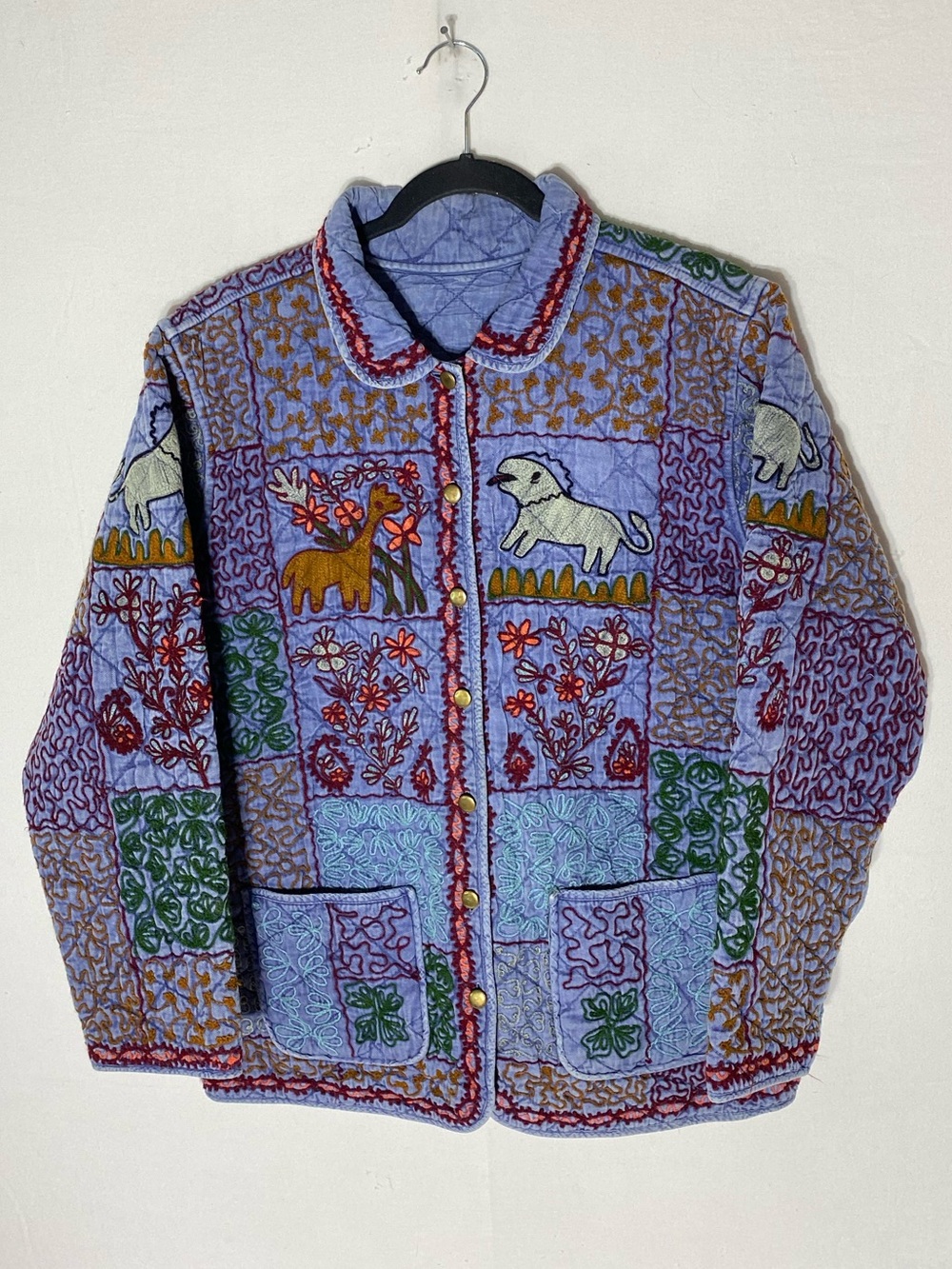 Vintage 90s Kantha Quilt Jacket Patchwork Boho Folk Art Embroidered Animals M